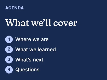 Agenda slide · Cobalt dark