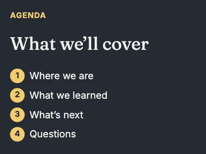 Agenda slide · Ink dark