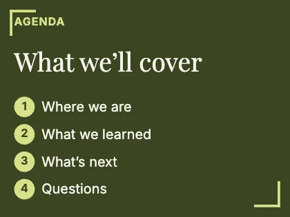 Agenda slide · Olive dark · Editorial