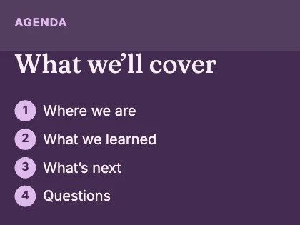 Agenda slide · Plum dark