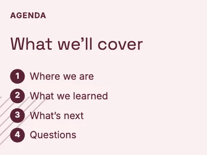 Agenda slide · Rose · Grotesk