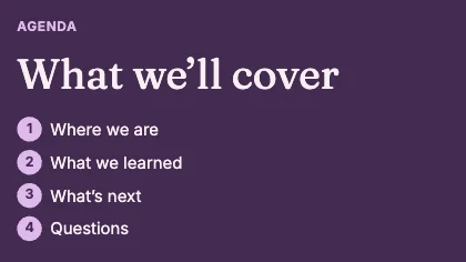 Agenda slide · Plum dark