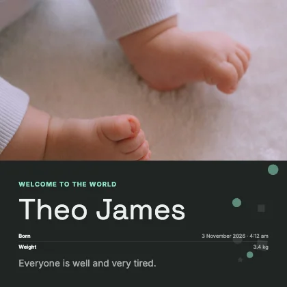 Birth announcement · Charcoal dark · Grotesk