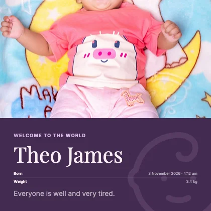 Birth announcement · Plum dark · Editorial