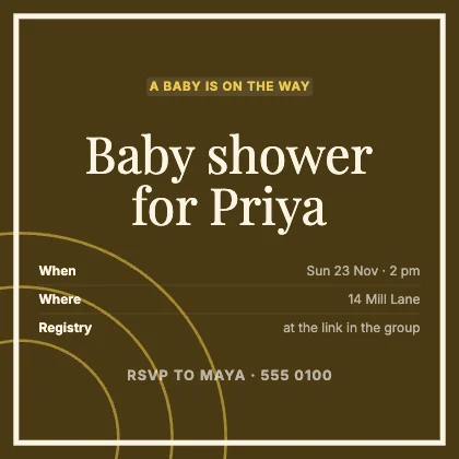 Baby shower invitation · Mustard dark · Editorial