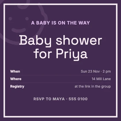 Baby shower invitation · Plum dark · Grotesk