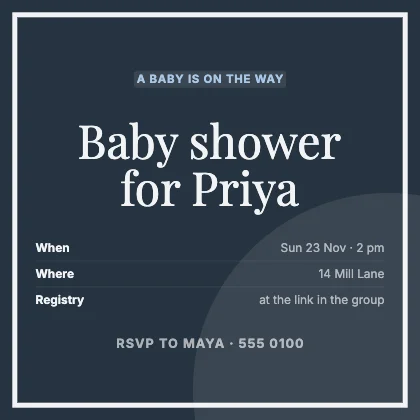 Baby shower invitation · Slate dark · Editorial