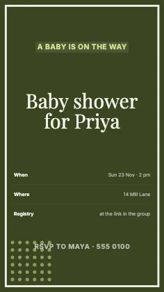 Baby shower invitation · Olive dark · Editorial