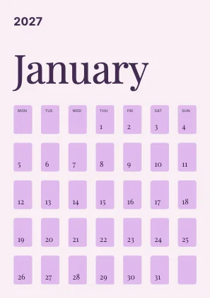 Monthly calendar · Plum · Editorial