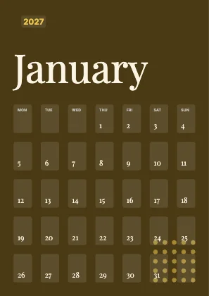 Monthly calendar · Mustard dark · Editorial