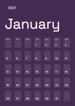 Monthly calendar · Plum dark · Grotesk