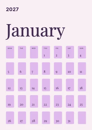Monthly calendar · Plum · Editorial