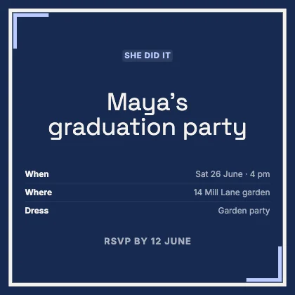 Graduation party invitation · Cobalt dark · Grotesk