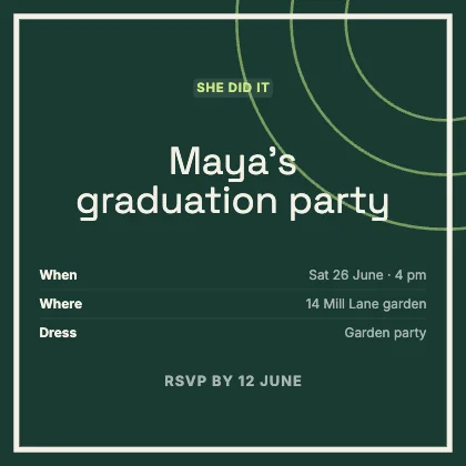 Graduation party invitation · Forest dark · Grotesk