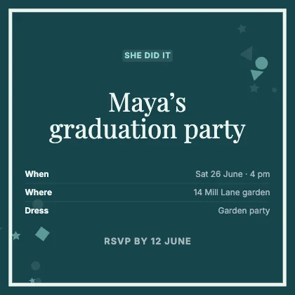 Graduation party invitation · Lagoon dark · Editorial