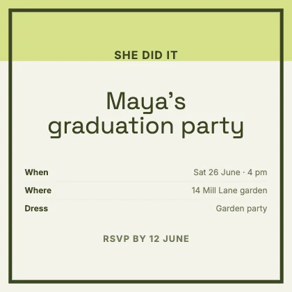 Graduation party invitation · Olive · Grotesk