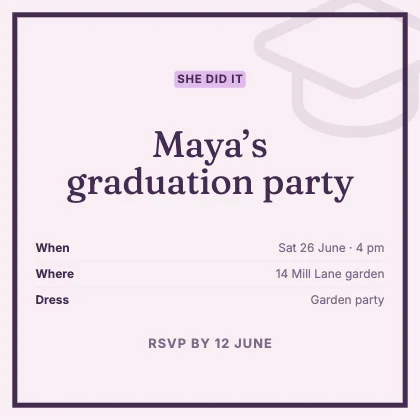 Graduation party invitation · Plum