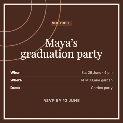 Graduation party invitation · Sunset dark · Editorial