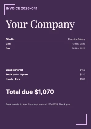Invoice · Plum dark · Editorial