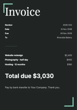 Simple invoice · Charcoal dark · Editorial
