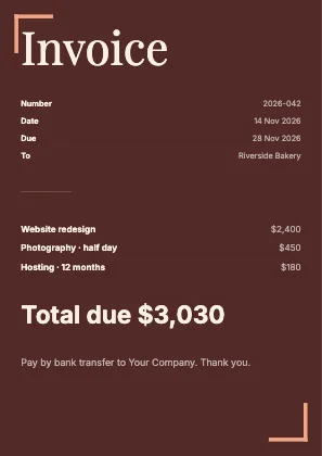 Simple invoice · Clay dark · Editorial