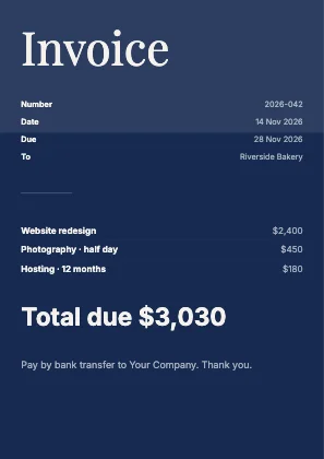 Simple invoice · Cobalt dark · Editorial