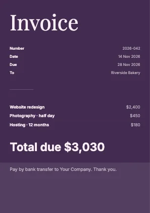 Simple invoice · Plum dark · Editorial