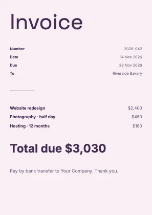 Simple invoice · Plum · Grotesk