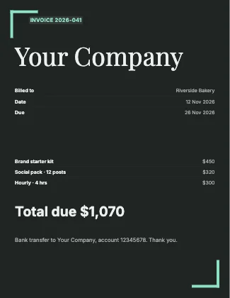 Invoice · Charcoal dark · Editorial