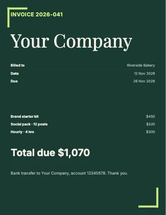Invoice · Forest dark · Editorial