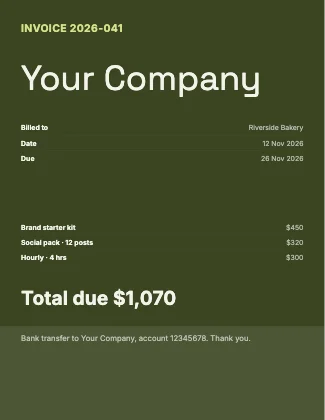 Invoice · Olive dark · Grotesk