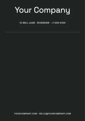 Centred letterhead · Charcoal dark · Grotesk