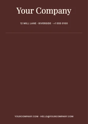 Centred letterhead · Clay dark · Editorial