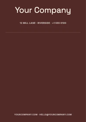 Centred letterhead · Clay dark · Grotesk