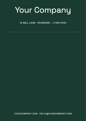 Centred letterhead · Forest dark · Grotesk