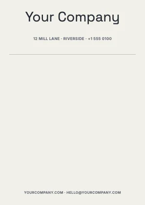 Centred letterhead · Ink · Grotesk
