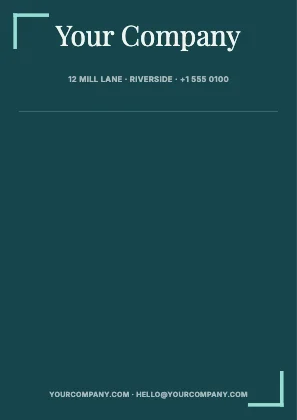 Centred letterhead · Lagoon dark · Editorial