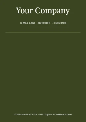 Centred letterhead · Olive dark · Editorial
