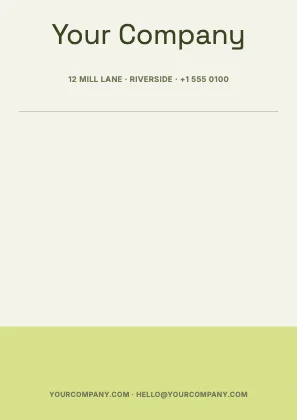 Centred letterhead · Olive · Grotesk