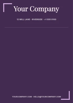 Centred letterhead · Plum dark · Editorial