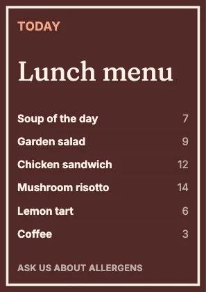 Menu · Clay dark