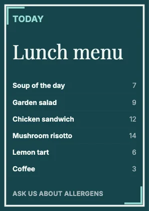 Menu · Lagoon dark · Editorial