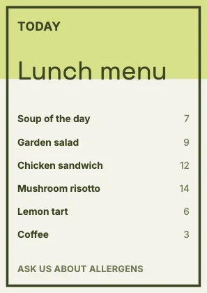Menu · Olive · Grotesk