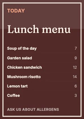 Menu · Clay dark