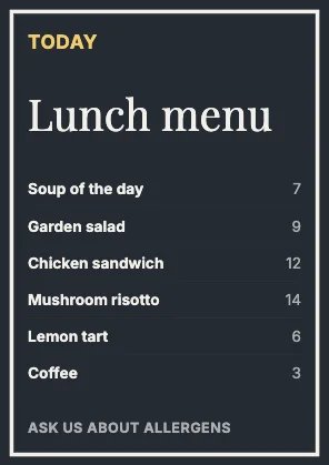 Menu · Ink dark · Editorial