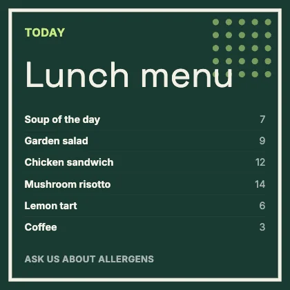 Menu · Forest dark · Grotesk