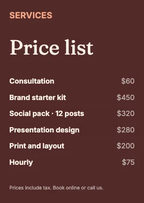 Price list · Clay dark