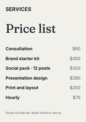 Price list · Ink