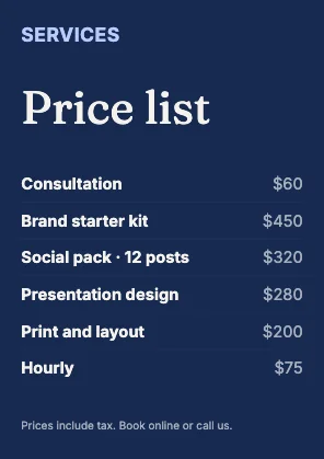 Price list · Cobalt dark