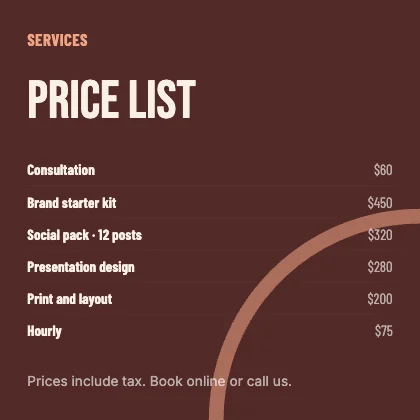 Price list · Clay dark · Poster